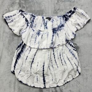 Style Envy Top Womens L White Blue Tie Dye Off Shoulder Ruffled Crop Flowy Rayon